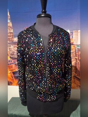 Black Sequin Bomber Jacket - Multicolor Sparkle